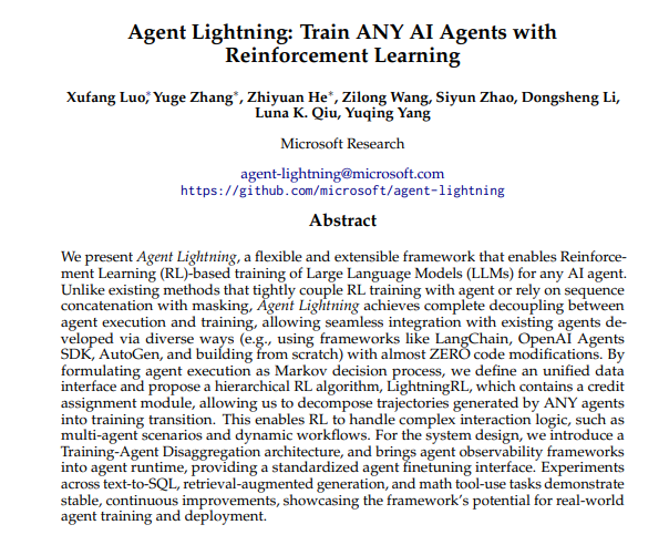 微软研究院推出Agent Lightning框架 以解耦设计赋能通用AI agent强化学习训练