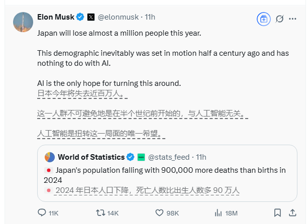 马斯克谈日本人口问题：AI是唯一希望 与官方统计数据相符