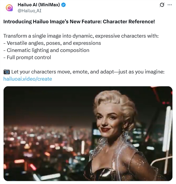 MiniMax Hailuo AI发布Character Reference功能 单图生成多视角动态角色