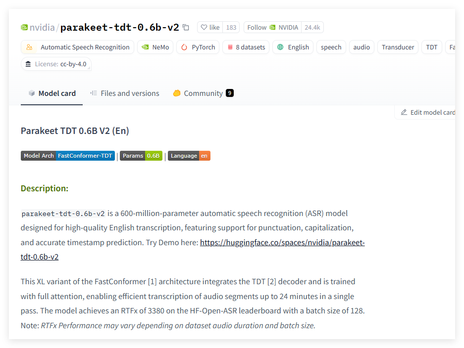 英伟达Parakeet-TDT-0.6B-V2：秒转60分钟音频，低WER开源赋能各类语音场景应用