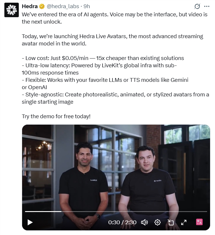 Hedra Live Avatars登场 低コスト低延迟开启AI动画多场景新篇章