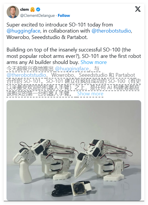 Hugging Face发布新款SO-101机器人手臂 起价100美元并收购Pollen Robotics