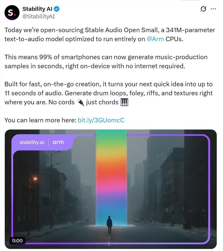 Stability AI开源ARC后训练超轻文转音模型：341M参数手机7秒生成12秒音频