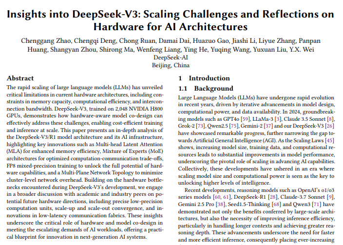 DeepSeek发布最新V3模型技术论文 探讨大模型扩展挑战与硬件设计思考