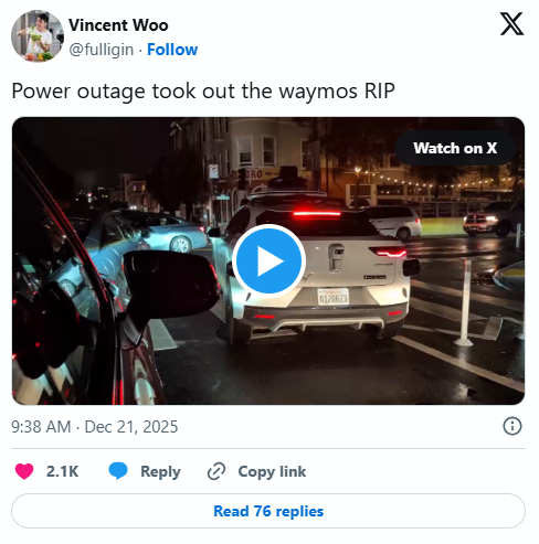 旧金山停电致Waymo无人车集体瘫痪 暴露自动驾驶系统基础设施依赖短板