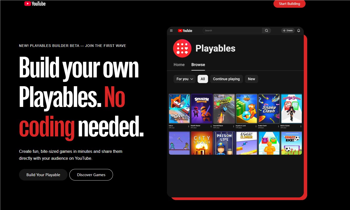 YouTube启动Playables Builder封闭Beta测试 支持多形式提示创建游戏