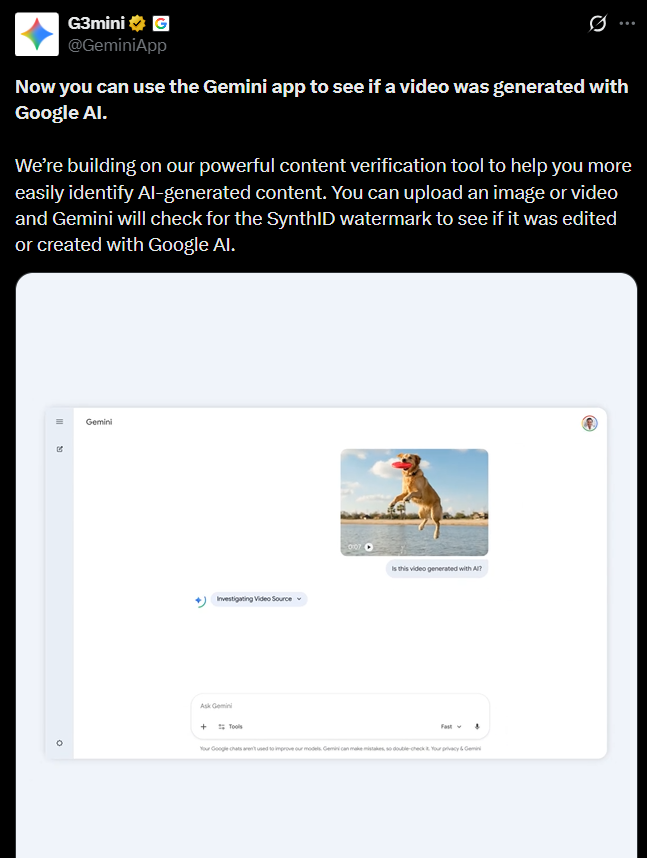Google Gemini新增视频检测功能 上传可查是否由其AI生成（SynthID）