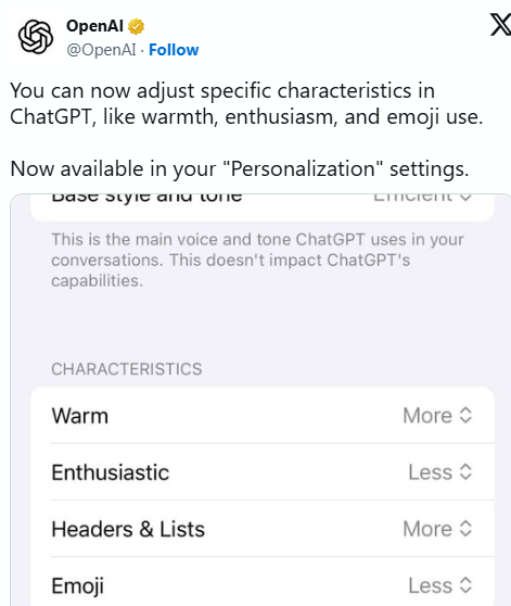 ChatGPT上线热情度调节功能 回应争议迈向个性化情绪适配