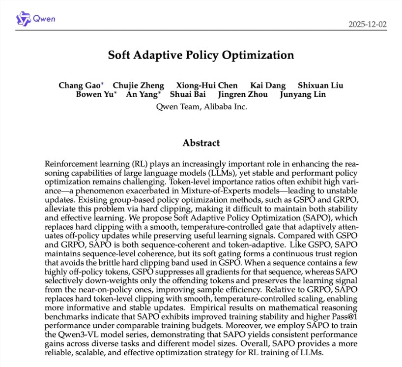 阿里通义Qwen团队推出SAPO强化学习新方法 提升大语言模型稳定性与性能