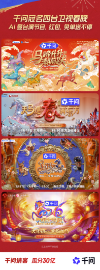 千问APP独家冠名四大卫视马年春晚 投30亿推春节计划AI互动抢红包