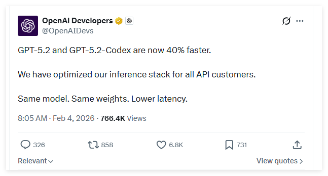 OpenAI对所有API客户提升GPT-5.2及Codex推理速度40%无需调整架构权重不变