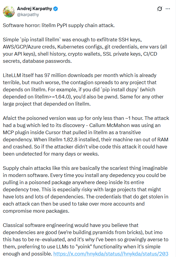 AI库litellm遭供应链精准投毒 波及2000+工具需紧急更换敏感凭证