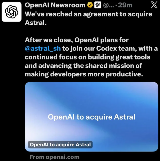 OpenAI收购Astral强化Codex应对竞争，编程工具周活破两百万增长显著