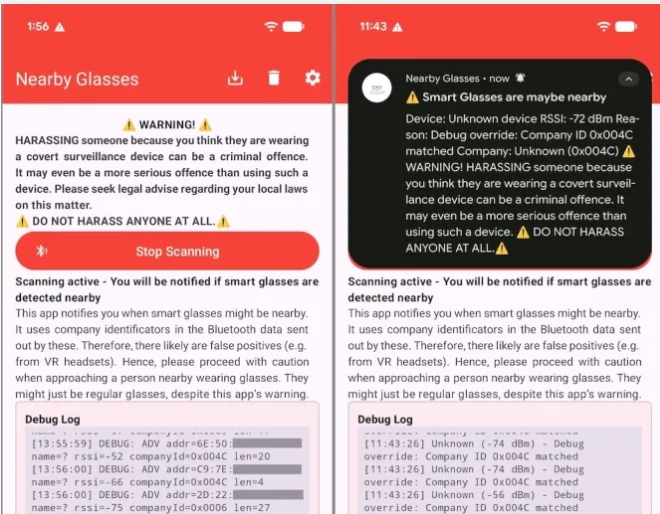 Nearby Glasses应用监测智能眼镜录像设备 助力隐私安全防护