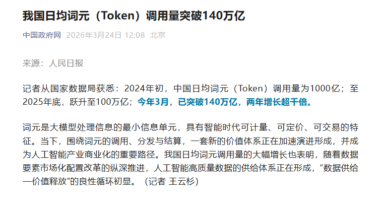 官方正式定名Token为“词元” 我国AI日均词元调用量破140万亿
