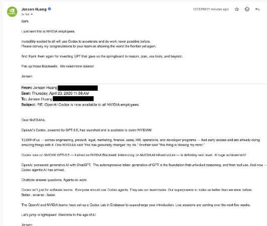 英伟达全员用GPT-5.5 Codex 与OpenAI深度协作增效