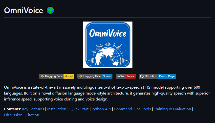 小米k2-fsa开源OmniVoice超600语言零样本TTS 多指标SOTA支持克隆与极速推理