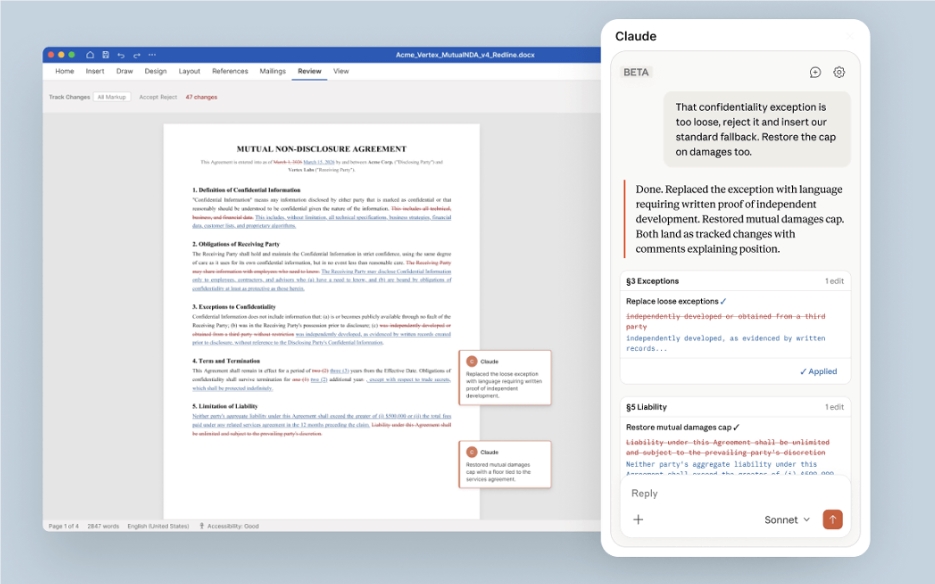 Anthropic发布Claude Word插件测试版 瞄准法律金融专业文档审阅