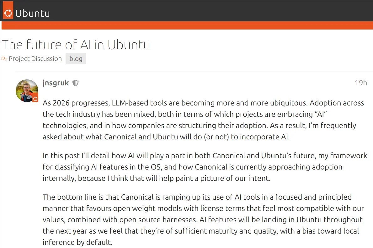 Ubuntu 26.04 LTS将引入AI功能 打造情境感知智能操作系统