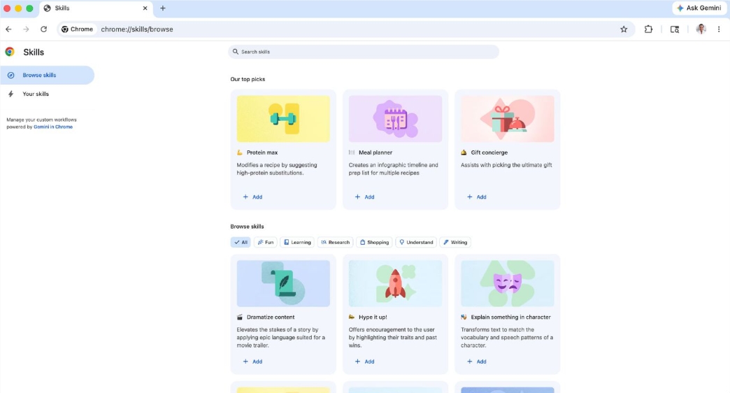 Chrome桌面版更新 Gemini新增技能库可一键复用AI提示词