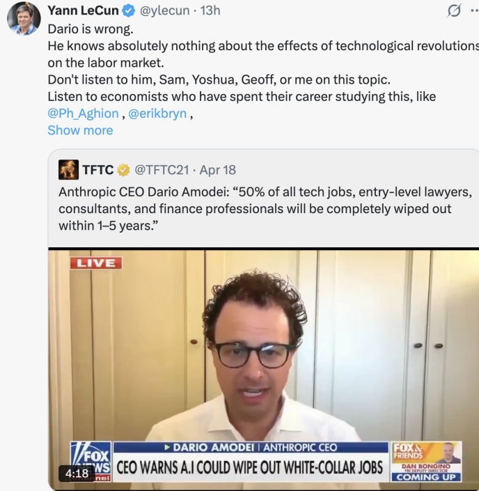 AI教父杨立昆公开反驳Anthropic CEO Amodei的AI大规模失业误导言论