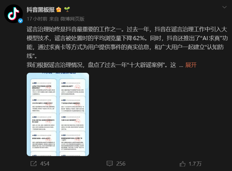 抖音发布谣言治理年报 AI求真大模型助力大幅压缩谣言传播窗口期