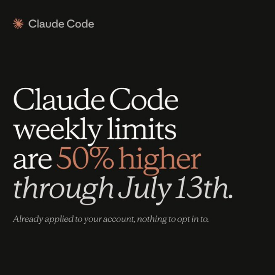 Anthropic临时提升Claude Code使用限额50% 可累加红利持续至2026年7月13日