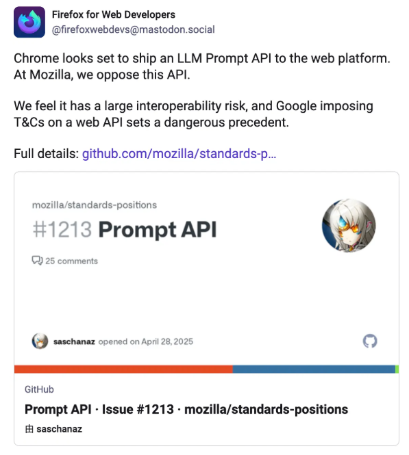 谷歌FirefoxAI接口标准之争爆发，Firefox推一键关闭回应用户不满