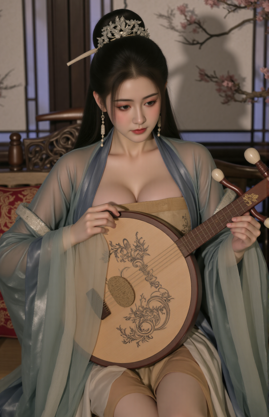 琵琶轻拨春梦碎，月下花影共缠绵