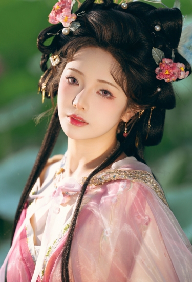 荷塘仙子执莲归，粉纱轻舞映碧水。古韵风华倾城色，一颦一笑皆是画，盛夏光年里的东方神韵。