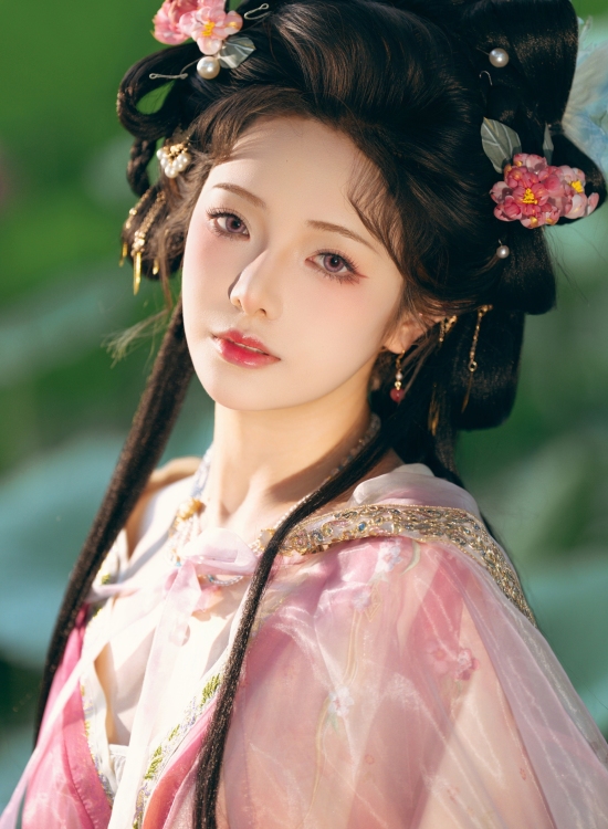 荷塘仙子执莲归，粉纱轻舞映碧水。古韵风华倾城色，一颦一笑皆是画，盛夏光年里的东方神韵。