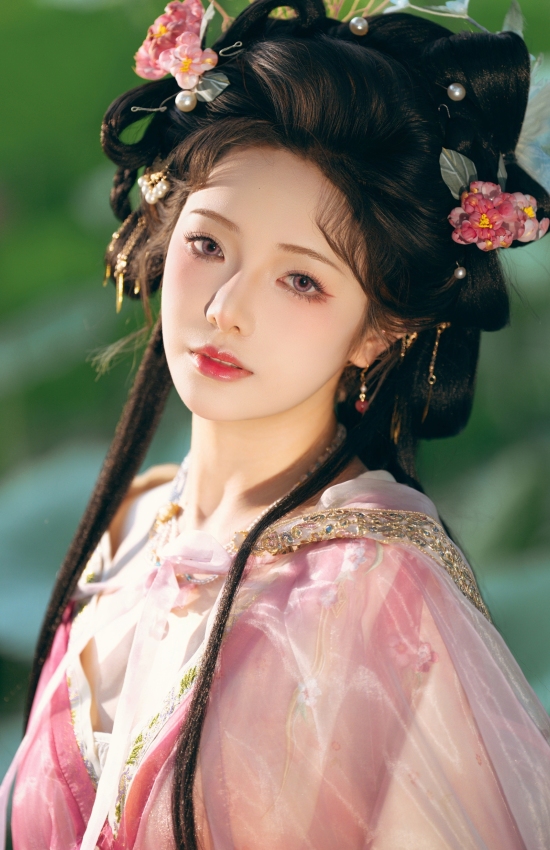 荷塘仙子执莲归，粉纱轻舞映碧水。古韵风华倾城色，一颦一笑皆是画，盛夏光年里的东方神韵。