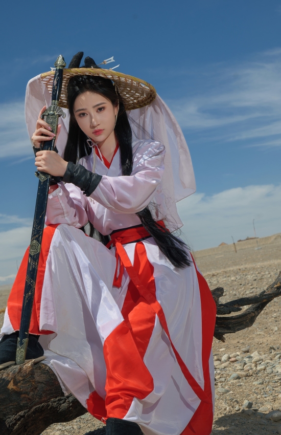 斗笠遮阳剑未收，孤影立尽古关楼。千山万水皆过客，唯有君名刻心头。